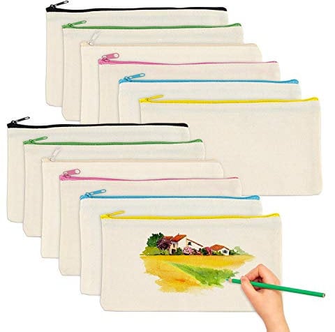 Trousses à Crayons Vierge, 12 Pièces Trousses de Maquillage en Toile, Sac Zippé Multifonctionnel Sac de Voyage Fait Main DIY, Porte-Monnaie pour l'École, Maquillage, Bureau et Bricolage, 21 x 12cm
