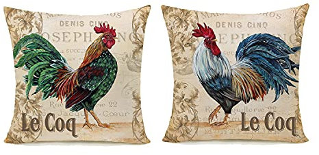 PALON 2 Stück Kissenbezüge Vintage Bauernhaus Tiere Hahn Dekorative Quadratische Kissenbezüge Geflügel Huhn Kissen Fall für Sofa Schlafzimmer Outdoor 45,7 x 45,7 cm (Le Coq)