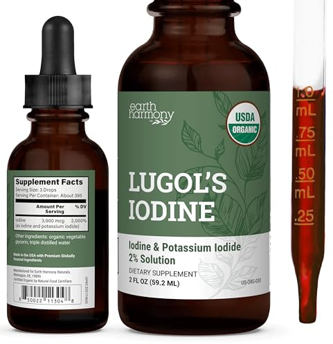Organic Lugol's Iodine, Iodine and Potassium Iodide 2% Solution 3000 mcg - Liquid Supplement Drops for Thyroid Support for Women & Men, Metabolism Health, Detox Boost - Non-GMO, 395 Servings (2 Oz)