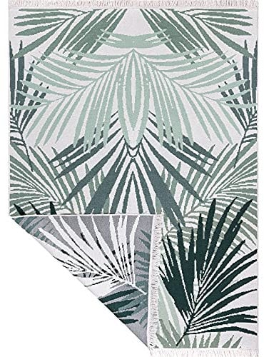 Fashion4Home Teppich Läufer - Tepiche für Wohnzimmer, Schlafzimmer, Küche, Kinderzimmer, Badezimmer - Boho Kelim - Läufer Flur, Palm-Grün-Weiß, Größe: 140x200 cm