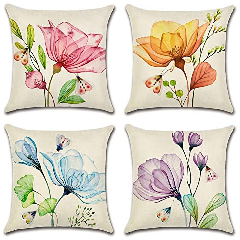 Artscope wasserdichte Kissenbezugen, 4er Set Kissenhülle Atmungsaktiv Kissen Fall für Outdoor Balkon Terrasse Patio Garten Bauernhaus Dekor 45x45CM (Bunte Blumen und Schmetterlinge, 45x45cm)