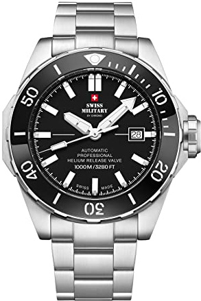 Swiss Military by Chrono Herren Uhr Armbanduhr Automatik Uhrwerk mit Edelstahl Metallarmband Analoge Herrenuhr Silber Schwarz SMA34092.01