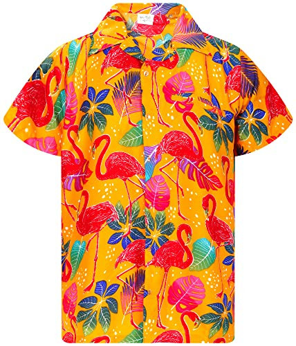 King Kameha Funky Hawaii-Hemd, Herren, Kurzarm, Funky-Flamingos, Gelb, 5XL