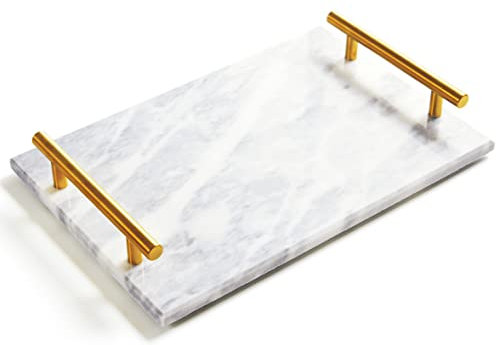 Moreast Tablett aus echtem Marmor mit goldenem Griff, Naturstein, dekoratives Tablett mit Metallgriff für Badezimmer, Küche, Schminktisch, Kommode, Nachttisch, Schreibtisch, 30 x 20 cm, Grau