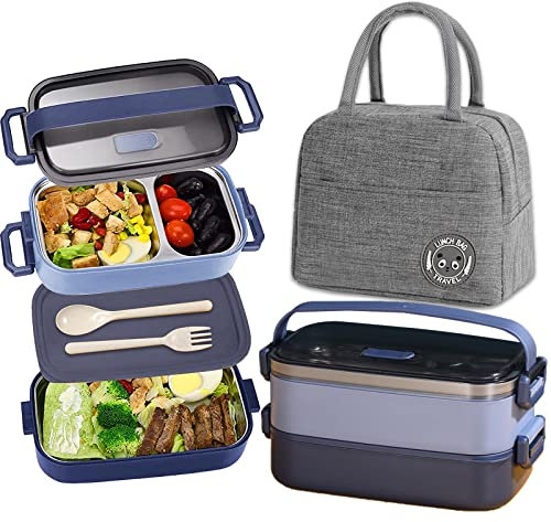 Haoh Bento Lunch Box avec Sac Lunch, 1100ml 2 Etages Boite Repas avec Compartiments Inox, Hermétique Boîtes Bento pour Pique Nique, Travail, Goûter, Ecole(Bleu)