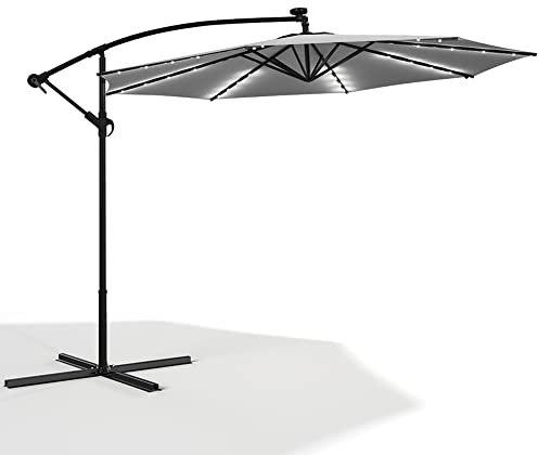 The Fellie 3M Large Cantilever Garden Parasol with 32 Solar Powered LED Lights, Patio Banana Umbrella with 60L Filling Base, Outdoor Sun Shade&Lighting, Aluminum Crank Handle, Light Grey