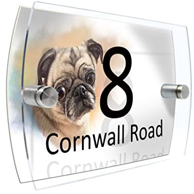 House Number Plaque Sign Door Road Plate for Dog Lovers Personalised Watercolour Print (D433 Pug)