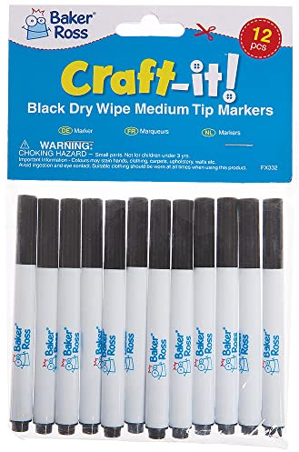 Baker Ross FX332 Erasable Pens Black Dry Wipe Markers for Teachers & School Whiteboards, Line width 2mm, Black, Pack of 12, Pieces