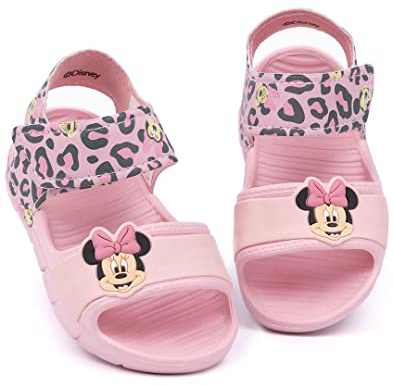 Disney Minnie Mouse Kids Sandals | Girls Pink Sliders with Supportive Strap | Leopard Print Summer Pool & Play Shoes for Toddlers | Slip-on Beach Footwear | Fun Merchandise Gift for Children
