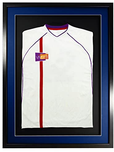 Vivarti DIY Adult 3D Mounted Sports Shirt Display Frame for Football Shirt, Rugby Shirt, Band T-Shirt Shadow Box - 60 x 80cm - Black Frame, Blue Mount, Black Backing Card