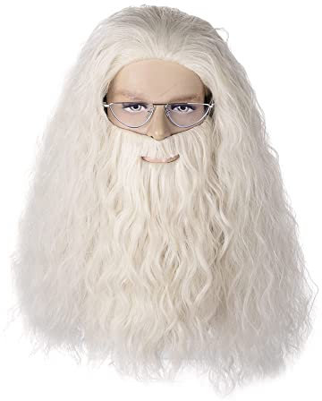 Fake Bartperücke FVCENT Lange Lockige Herren Zauberer Schnurrbart Perücke Halloween Kostüm Cosplay Viking Weiße Perücke Gläser und Bart (White)