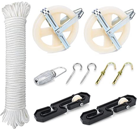 TooTaci Outdoor Clothesline Kit, 5 Nylon Clothesline Pulley Kit, 150ft Polyester Clothes Line Rope Outdoors Heavy Duty, Clothes Line Pulley Kit with S Separator Spreader, Rope Tightener, Hook