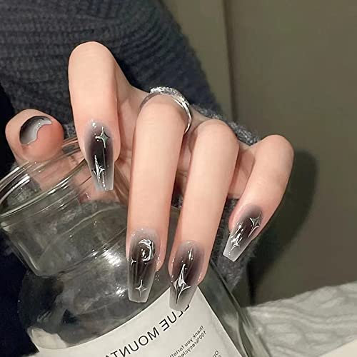 24PCS Long False Nails with Glue Stickers, Ballerina Full Cover Acrylic and Press on Nails no Glue,Gray Silver Moon French Fake Nails Stick for Women and Girls Nail Art