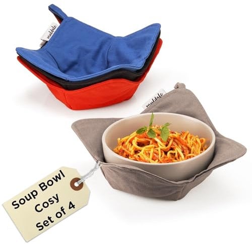 Muldale Hot Bowl Cosy for Soup - Microwave Bowl Holder Cozy Set of 4 Machine Washable - Dish Hugger for Hot Food - Heat Resistant - Dish Cosies