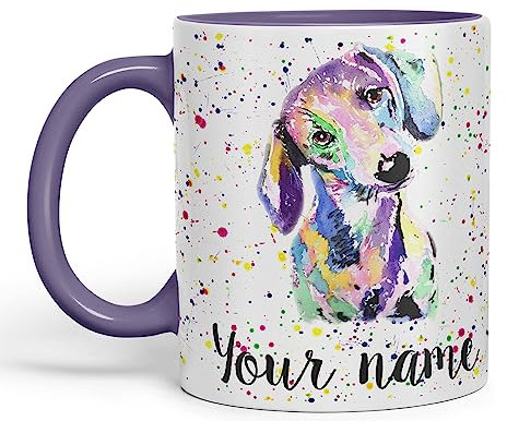 Vixar Personalised with Your Text Dachshund Sausage Dog Wiener Badger Pet Watercolour Art Coloured Ceramic Mug Cup Gift 330ml 11oz Custom Work Office Tea Coffee (Purple)