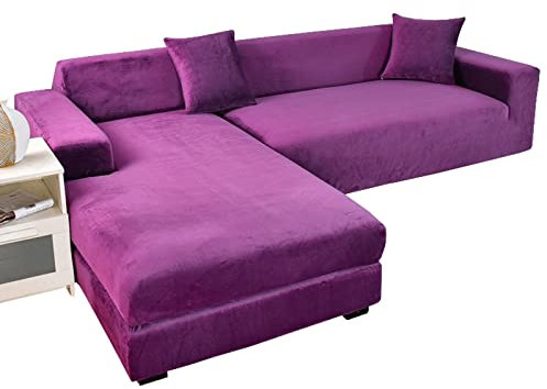 GUYIRT Strecken Sofabezug L Form Samt, L Form Sofa überzug 2 Stück Couchbezug L Form Weicher Möbelschutz Mit Elastischem Boden Für Hunde Und Katzen -Lila-4+4 Sitzer