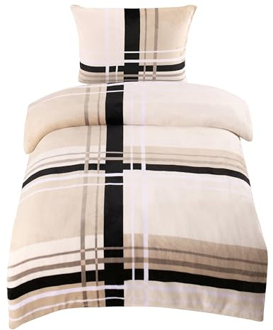 one-home Winter Bettwäsche gestreift grafisch modern Teddy Plüsch Cashmere Touch Nicki Coral Fleece Flauschig Kuschelig Warm Weich, Größe: 135x200 cm, Farbe: beige Natur