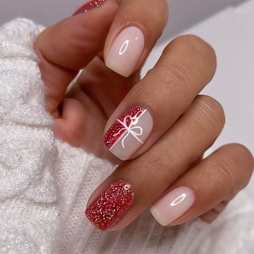 24 Stück Weihnachten Nägel zum Aufkleben Kurz, Eckig French Künstliche Nägel Rot Glitzer Press on Nails mit Geschenkbox Designs, Acryl Full Cover Falsche Nägel Fingernägel für Festival Nail Dekoration