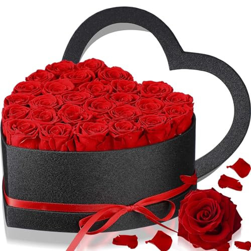 Yunlly 27 Stück konservierte Rosen in Herzform Box Ewige echte Blumen unsterbliche Rosen Blumenstrauß langlebige Blumen Box Geschenk für Mutter Frau Freundin Geburtstag Jahrestag (rot)