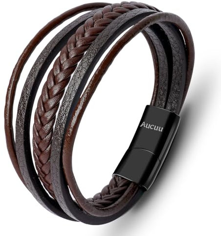 Aucuu Men's Braided Multi-Layer Leather Bracelet With Stainless Steel Magnetic Clasp - Boys Bracelet Birthday Gift For Him