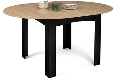 IDMarket Esstisch, ausziehbar, rund, Dona, 4-8 Personen, schwarz, Platte in Buche-Optik, 110-150 cm