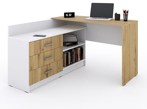 Marlux-Meble Schreibtisch mit Schubladen 3 und Regalen 2 | Eckschreibtisch Weiß Matt - Artisan-Eiche | PC Schreibtisch L Form (Omega Schreibtisch Holz 131x120x76 cm)