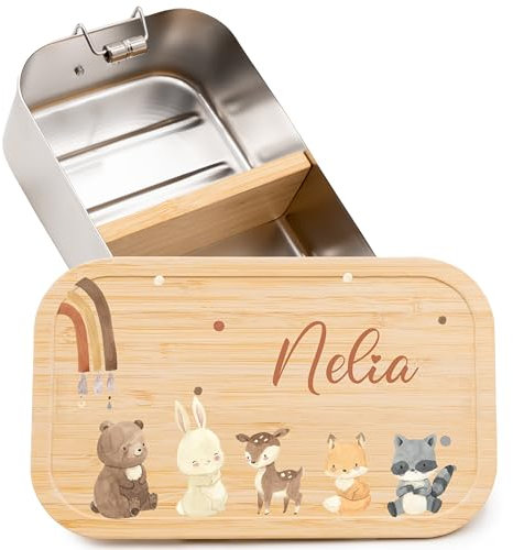 Kidsmood - Personalisierte Brotdose Kinder mit Fächern, Edelstahl Lunchbox mit Bambusdeckel | Schadstoffrei bedruckt, mit niedlichem Tier-Motiv & Namen, Geschenke zur Einschulung Mädchen & Jungen