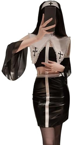 Moinha Sexy Nonne Kostüm Damen 5 Stück Set Wetlook Nonnenkostüm inkl Kleid Schleier Röhrenoberteil Ärmel und T-Hose Fastnacht Nonne Kleid Uniform Kunstleder Erotiek Dessous Cosplay Kostüm