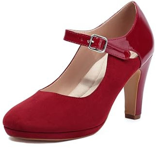 elerhythm Damen Mary Jane Heels Retro Closed Toe Pumps Knöchel Pierced Strappy Wildleder Chic Vintage Gatsby Schuhe (RED EU40)