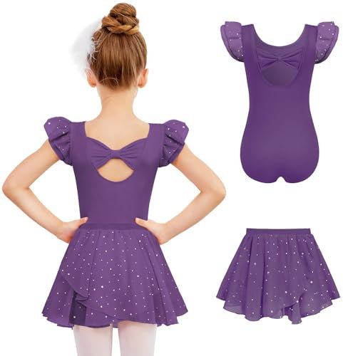 Arshiner Vestito de Balletto per Ragazze con Maniche A Volant - Body Viola di Cotone per Bambini 7-8 Anni