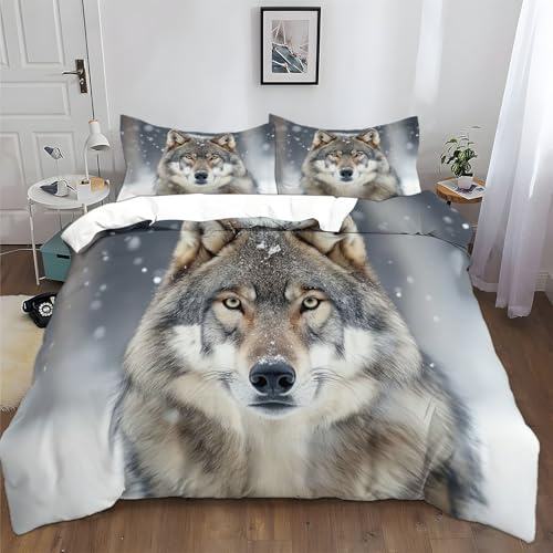 XCQHZYQ Bettwäsche 135x200 cm Tierischer Grauer Wolf Kinder Bettwäsche Set 3D Druck Baumwolle Polyester Bettbezug und Kissenbezug 80x80cm mit Reißverschluss