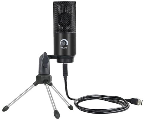 JNJOOD USB Condenser Microphone Mic with Mini Tripod Stand and Gain Knob for PC Laptop Games Playing Music Recording