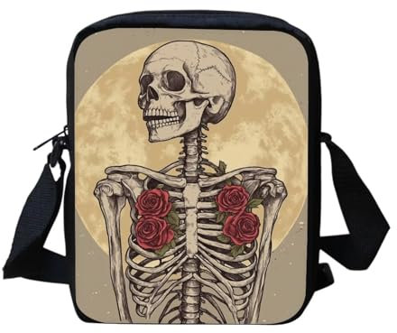 Snilety Mini-Umhängetasche, niedlich, klein, Kuriertasche, Geldbörse, Handy-Tasche für Herren, Damen, Kinder, Totenkopf-Rosenmuster, Einheitsgröße, Crossbody, zeitgenössisch
