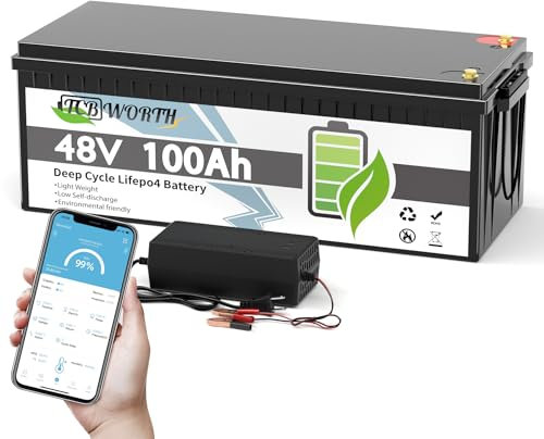 TCBWORTH LiFePO4 100Ah 48V Batterie, Bluetooth Lithium Batterie akku 200A Smart BMS, 4000-15000 Zyklen Deep Cycle, Perfekter für Boot, Golfwagen, Solar Home Systeme