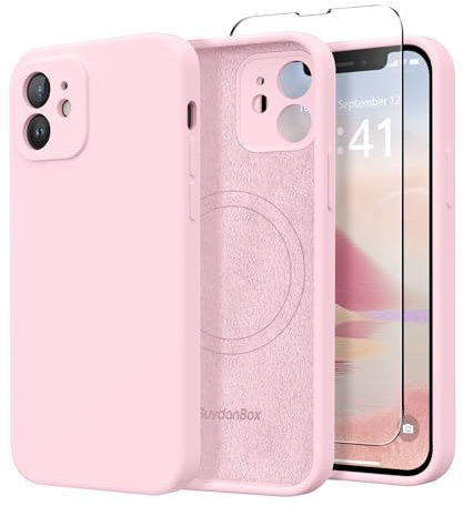 SuydanBox Magnetic for iPhone 12 Case, Compatible with MagSafe, [Full Camera Protection][Screen Protector] Silicone Shockproof Protective Phone Case for iPhone 12 6.1, Chalk Pink