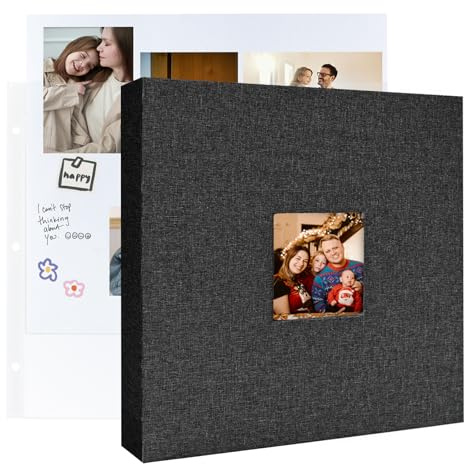 Grand album photo à 3 anneaux de 30,5 x 30,5 cm, couverture en lin avec 30 pochettes en plastique, 60 pages, 30,5 x 30,5 cm, pages blanches pour mariage, couple, bébé, voyage, femmes et enfants (noir)
