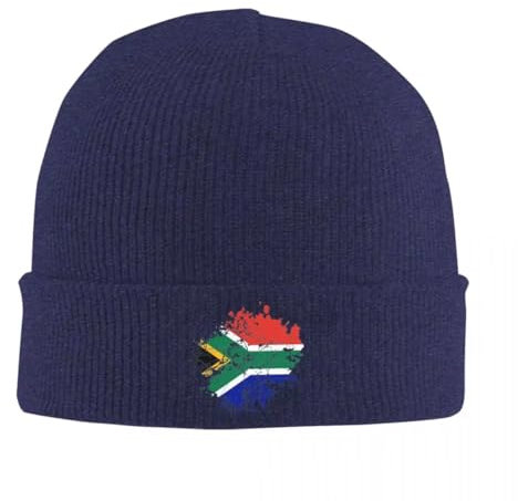 GONMFKM Unisex Beanie-Mütze, Strickmütze – Herren/Damen, Vintage-Mütze, Beanie-Kappe mit Südafrika-Flagge, Bündchenmütze, Warme Skimütze für Herbst/Winter, Modische Mütze, Marineblau, Einheitsgröße