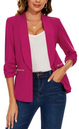 MINTLIMIT Women's Casual Shawl Lapel Suit Jacket Hot Pink Blazer with Zipper Pockets Open Front (Hot Pink L)