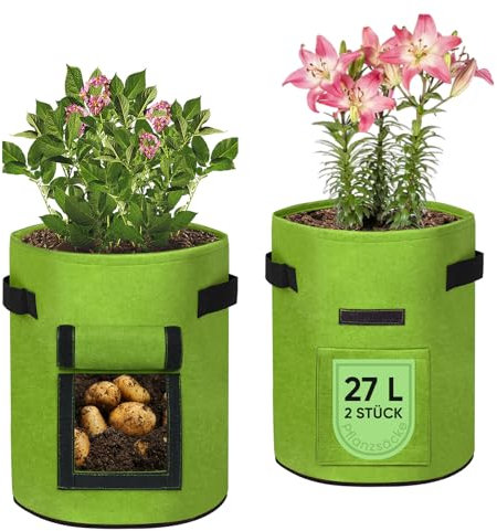 arvioo Pflanzsack 2 STK 27 L, Stofftopf für Transport Wachstum & Schutz, mit Sichtfenster & Tragegriffen, Verhindert Staunässe für Wurzelwachstum, Kartoffel Pflanzsack für Garten Gewächshaus (Grün)