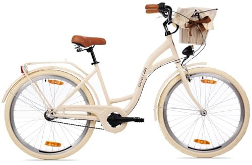 Goetze Style 26 Zoll Damen Citybike, 17 Zoll Tiefeinsteiger Rahmen, 3-Gang Nabenschaltung, Rücktrittbremse, LED-Beleuchtung, Gepäckträger, Komfortsattel, Schutzbleche, Rattankorb mit Stoffeinsatz!