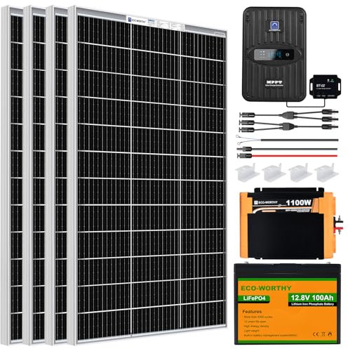 ECO-WORTHY 480W 12V Solar Panel System 2kWh/Day,Ideal for RVs, Boats,Homes:4pcs 120W Bifacial Solar Panel + 100AH LiFePO4 Battery + 40A MPPT Solar Controller + 1100W 12V Inverter + Accessories