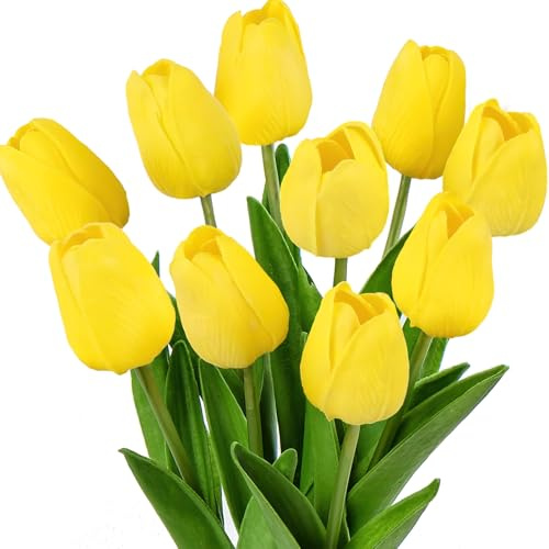 dellyy Künstliche Tulpen 10 Stück, Tulpen Künstlich wie Echt, Kunstblumen Wohnzimmer Schlafzimmer Dekoration, Künstliche Tulpen wie Echt Kein Gießen nötig Grünpflanzen für den Innenbereich(Gelb)