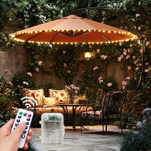 Terrassenschirm-Lichter, schnurlos, LED-Markt-Tischschirm-Lichter mit Fernbedienung, batteriebetrieben, wasserdicht, Sonnenschirm-Lichterkette, passend für 1,8-2,7 m Durchmesser