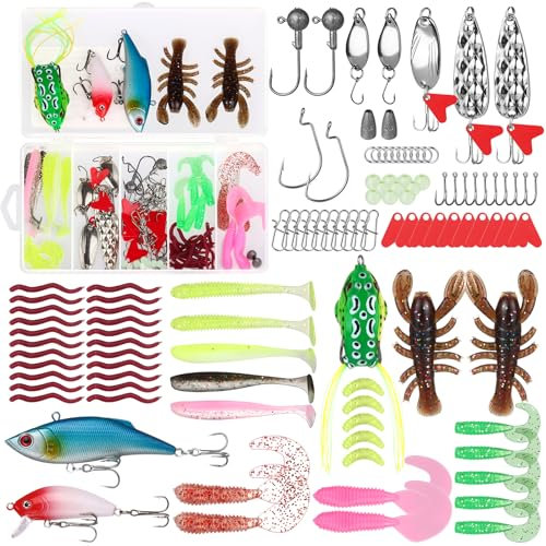 107 Stück Angel Köder Set, Gummifische, Angeln Köder Gemischt Kunstköder, Angelzubehör Set mit 1 Box für Zander, Forelle, Barsch, Angeln Angel Köder für Süßwasser Salzwasser