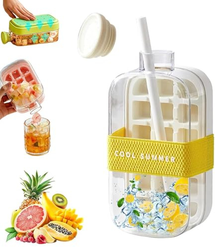 Ice Cube Bottle with Straw,800ML 2 in 1 Touch-Free Ice Cube Tray Water Bottle with Lid and Bin, Ice Cube Moulds Ice Cube Drinking Bottle for Freezer, Coffee, Juice, and Beverages (White)
