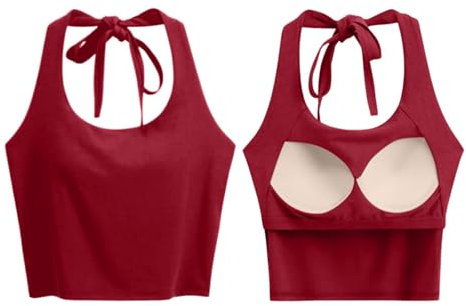 Top Damen mit Integriertem BH ärmelloses Shirt Neckholder Oberteile Crop Ärmellose Bequeme Shirt Sport Tank Top Built-in BH Camisole Enges Tops Leicht Tanktop Stretch Slim Fit Shirts Frauen (XL)