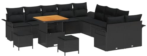 vidaXL 13-teiliges Garten-Sofa-Set mit Kissen in Schwarz aus Poly Rattan und Akazie. Bequem für 5 Personen. Ideal für Balkon und Terrasse. Perfekt zum Entspannen im Frühling.