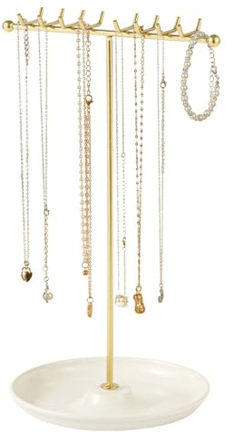 Schmuckständer, Kettenständer mit Keramikbasis, abnehmbar, Goldschmuck Organizer mit 16 Haken für Halsketten, Armbänder, Ohrringe, Ohrstecker, Ringe, Armbänder (Weiß)