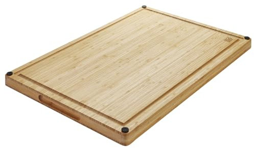 ORGA-BOX XXXL Schneidebrett massiv geölt aus 100% Bambus mit Griffmulde u. Saftrille | 61x40,5x3,2 cm | antibakteriell und rutschfest inkl. Silikonfüßen| zum Schneiden oder Anrichten von Lebensmitteln