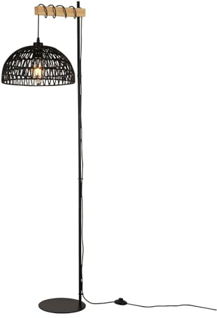Alpinaluz Lampadaire E27 Papier Tressé Noir Base Noire 158 cm | Abat-jour artisanal Ø32 cm, style bohème nordique avec prise et interrupteur au pied pour salon, chambre et coin lecture